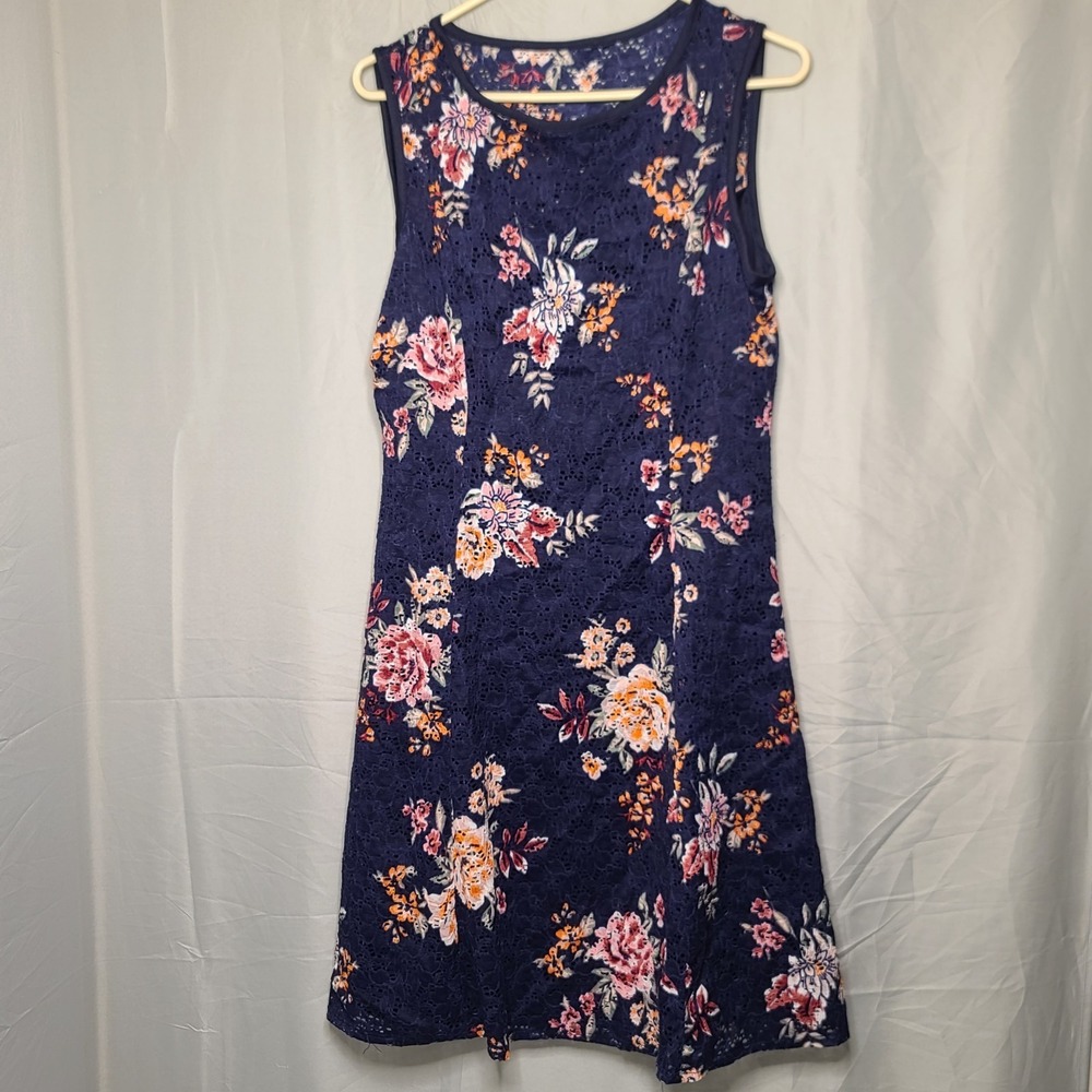 Apt. 9 Navy Floral Lace Dress‎ M Cottagecore Coquette Boho Chic Stretch Lined